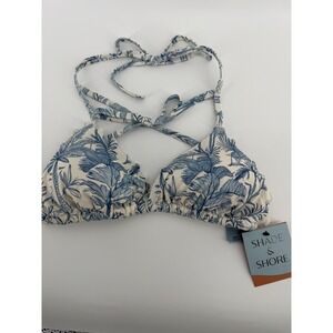Shade Shore Tropical Leaf Print Bikini Top Women's Size M White Blue Ruffle